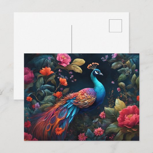 Elegante Blauwe Peacock in Kleurrijke Tuin Briefkaart (Voorkant / Achterkant)