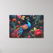 Elegante Blauwe Peacock in Kleurrijke Tuin Canvas Afdruk (Voorkant)
