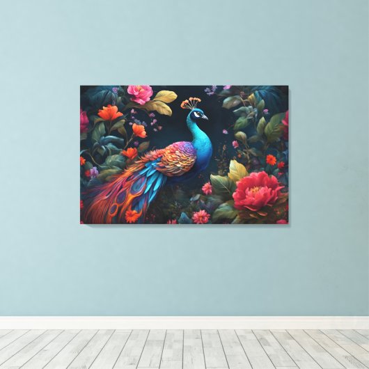 Elegante Blauwe Peacock in Kleurrijke Tuin Canvas Afdruk (Insitu (Houten vloer))