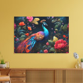 Elegante Blauwe Peacock in Kleurrijke Tuin Canvas Afdruk (Insitu (Woonkamer))