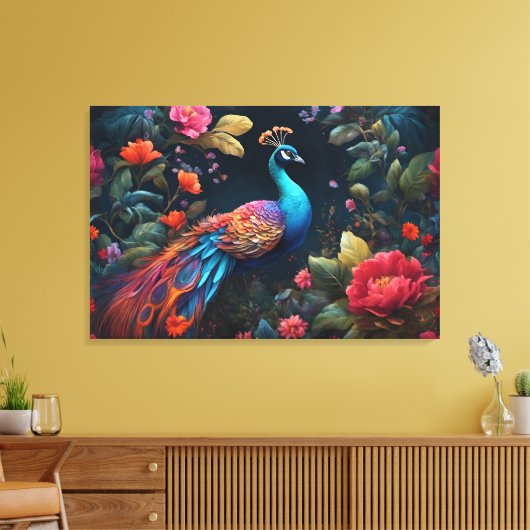Elegante Blauwe Peacock in Kleurrijke Tuin Canvas Afdruk (Insitu (Woonkamer))