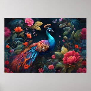 Elegante Blauwe Peacock in Kleurrijke Tuin Poster
