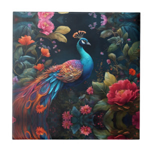 Elegante Blauwe Peacock in Kleurrijke Tuin Tegeltje