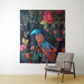 Elegante Blauwe Peacock in Kleurrijke Tuin Wandkleed (In situ)