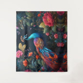 Elegante Blauwe Peacock in Kleurrijke Tuin Wandkleed (Voorkant)