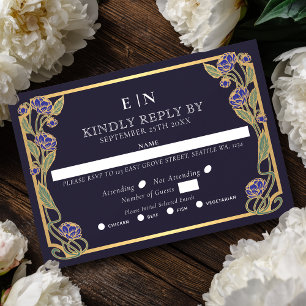 Elegante Blauwe Pioen Art Nouveau Bloemige Bruilof RSVP Kaartje