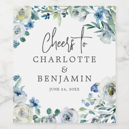 Elegante blauwe pioen bloemenbruiloft gepersonalis wijn etiket (Enkel label)