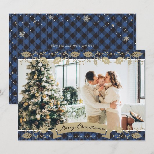 Elegante Blauwe Plakken Botanische Foto Vrolijk Ke Feestdagenkaart (Voorkant / Achterkant)