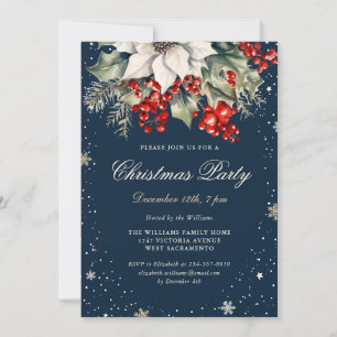 Elegante Blauwe Poinsettia-bessen Kerstfeest Kaart