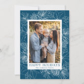 Elegante blauwe poinsettias en dennenappels Foto Feestdagenkaart (Voorkant)