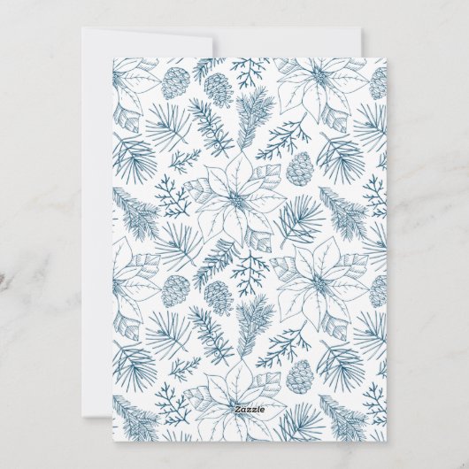 Elegante blauwe poinsettias en dennenappels Foto Feestdagenkaart (Achterkant)