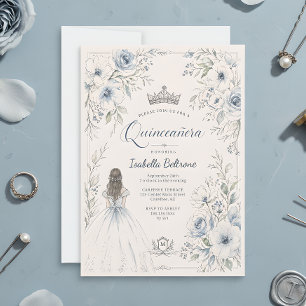 Elegante Blauwe Prinses Bloemrijke Quinceañera Kaart