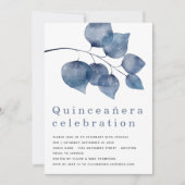 Elegante Blauwe Quinceanera met Bladmotief Kaart (Voorkant)