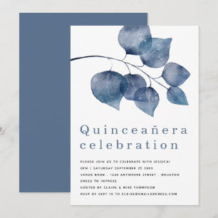 Elegante Blauwe Quinceanera met Bladmotief Kaart