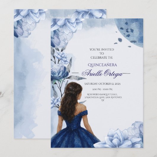 Elegante blauwe Quinceañera uitnodiging (Voorkant / Achterkant)