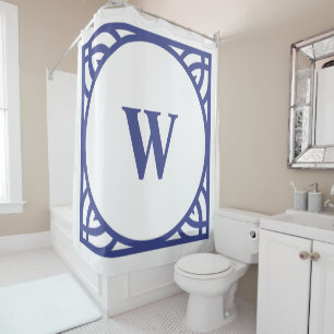 Elegante Blauwe Rand Monogram Douchegordijn