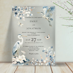 Elegante Blauwe Reiger Blad Bloemen Bruiloft Acryl Uitnodigingen