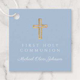 Elegante Blauwe Religieuze Kruis Jongen Eerste Com Bedankjes Labels