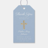 Elegante Blauwe Religieuze Kruis Jongen Eerste Com Cadeaulabel (Voorkant)