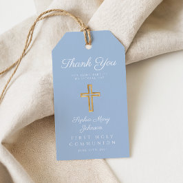 Elegante Blauwe Religieuze Kruis Jongen Eerste Com Cadeaulabel