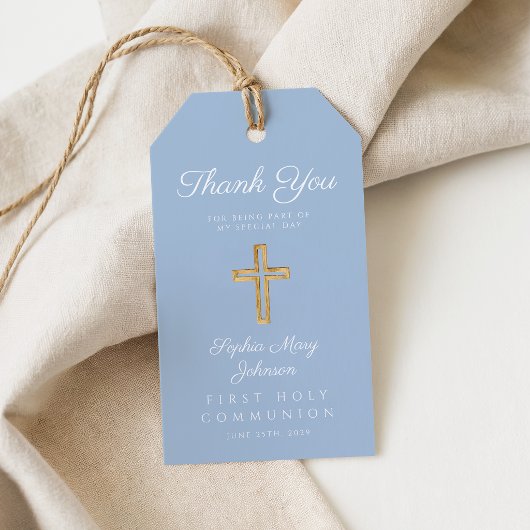 Elegante Blauwe Religieuze Kruis Jongen Eerste Com Cadeaulabel