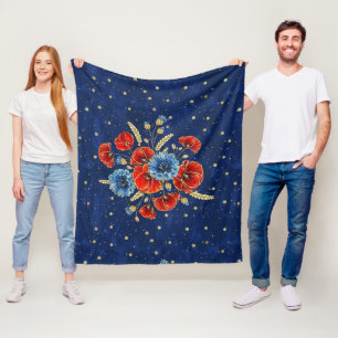 Elegante blauwe, rode en gouden herdenkingspoppy's fleece deken