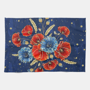 Elegante blauwe, rode en gouden herdenkingspoppy's theedoek