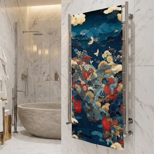 Elegante Blauwe Rode Japanse Bloem Kraanvogel Pioe Badhanddoek