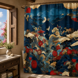 Elegante Blauwe Rode Japanse Bloem Kraanvogel Pioe Douchegordijn