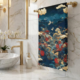 Elegante Blauwe Rode Japanse Bloem Kraanvogel Pioe Handdoek