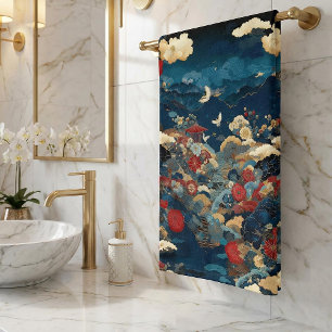 Elegante Blauwe Rode Japanse Bloem Kraanvogel Pioe Handdoek