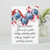 Elegante Blauwe & Rode Kerst Uitnodiging Uitnodigi (Staand voorkant)