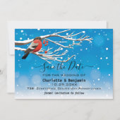 Elegante Blauwe & Rode Vogel Sneeuw Save The Date  (Voorkant)