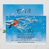 Elegante Blauwe & Rode Vogel Sneeuw Save The Date  (Voorkant / Achterkant)