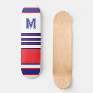 Elegante blauwe rode witte strepen monogram skateb persoonlijk skateboard