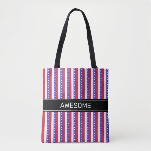 Elegante blauwe rode witte verticale strepen tote bag (Voorkant)
