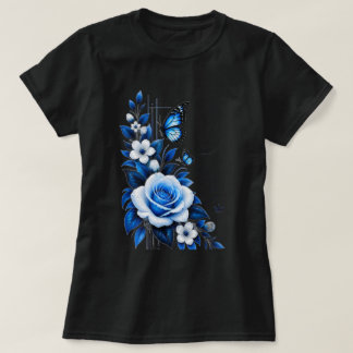 Elegante Blauwe Roos Bloem Grafische Zwarte Dames  T-shirt