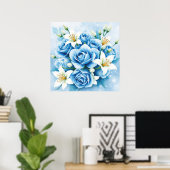 Elegante Blauwe Roos Bloemen Art Print (Thuiskantoor)