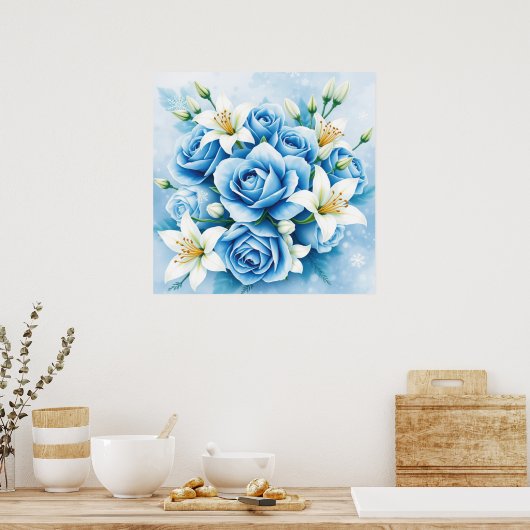 Elegante Blauwe Roos Bloemen Art Print (Keuken)