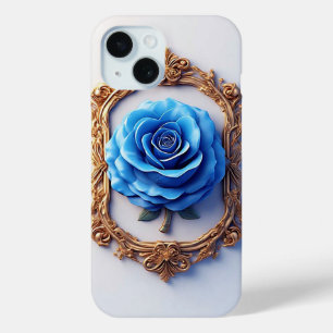 Elegante Blauwe Roos Getoond in Sierlijk Gouden Li iPhone 15 Case