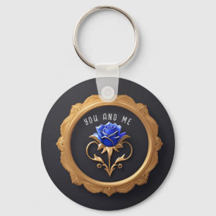 Elegante Blauwe Roos in Vergulde Lijst met Sierlij Sleutelhanger