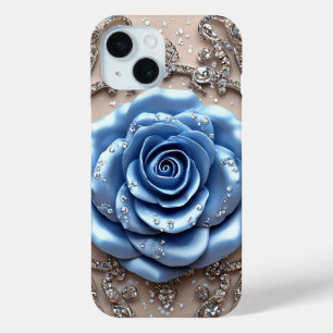 Elegante Blauwe Roos met Glitterende Diamanten iPhone 15 Case
