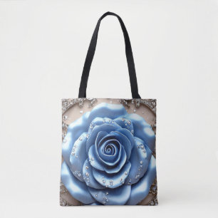 Elegante Blauwe Roos met Glitterende Diamanten Tote Bag