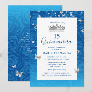 Elegante Blauwe Roos Zilveren Kroon Bloemige Quinc Kaart