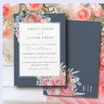 Elegante Blauwe & Roze Aquarel Roos Bruiloft