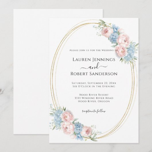 Elegante blauwe roze bloemen bruiloft kaart (Voorkant / Achterkant)