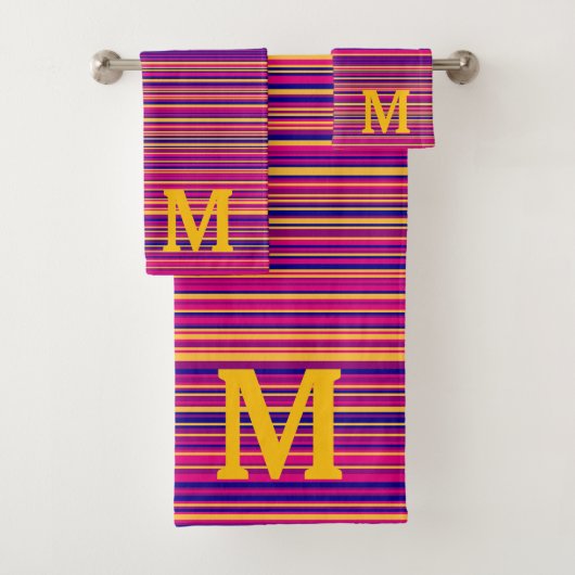 Elegante blauwe roze en gele strepen monogram bad handdoek (Insitu)