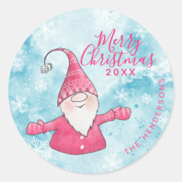 Elegante Blauwe Roze Gnoom Custom Merry Christmas Ronde Sticker