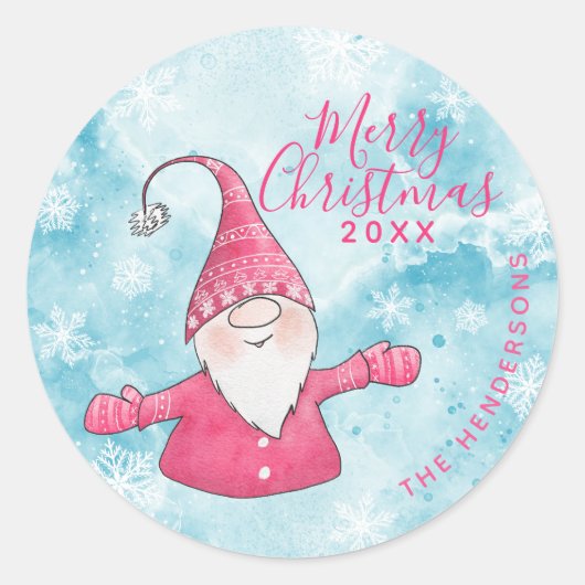 Elegante Blauwe Roze Gnoom Custom Merry Christmas Ronde Sticker (Voorkant)