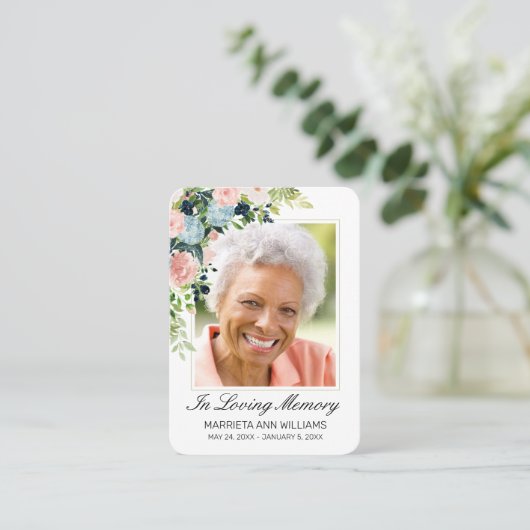 Elegante Blauwe Roze Roze Bloemen Foto Memorial Ka Visitekaartje (Staand voorkant)